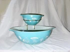 VTG 1958 Pyrex Hot Air Balloons Cinderella Chip & Dip Bowls W/Holder Turquoise