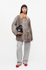 Ganni Jacket Leopard Brown Curdoury Collar Trimmed Twill Hemp Cotton Size S M