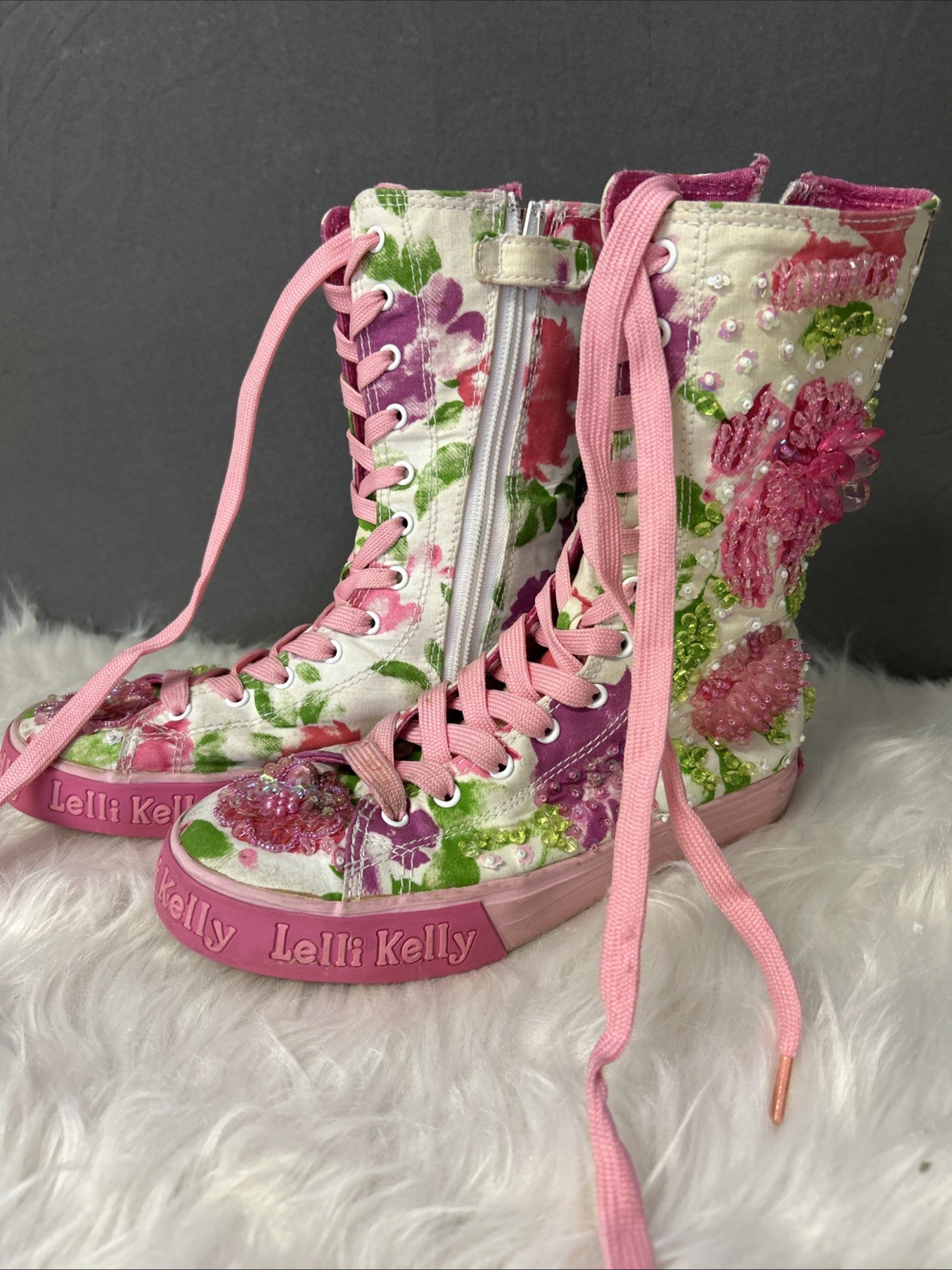 Lelli Kelly Floral Beaded High Top Sneakers Pink Lace Boots EU 36 US 5 EUC