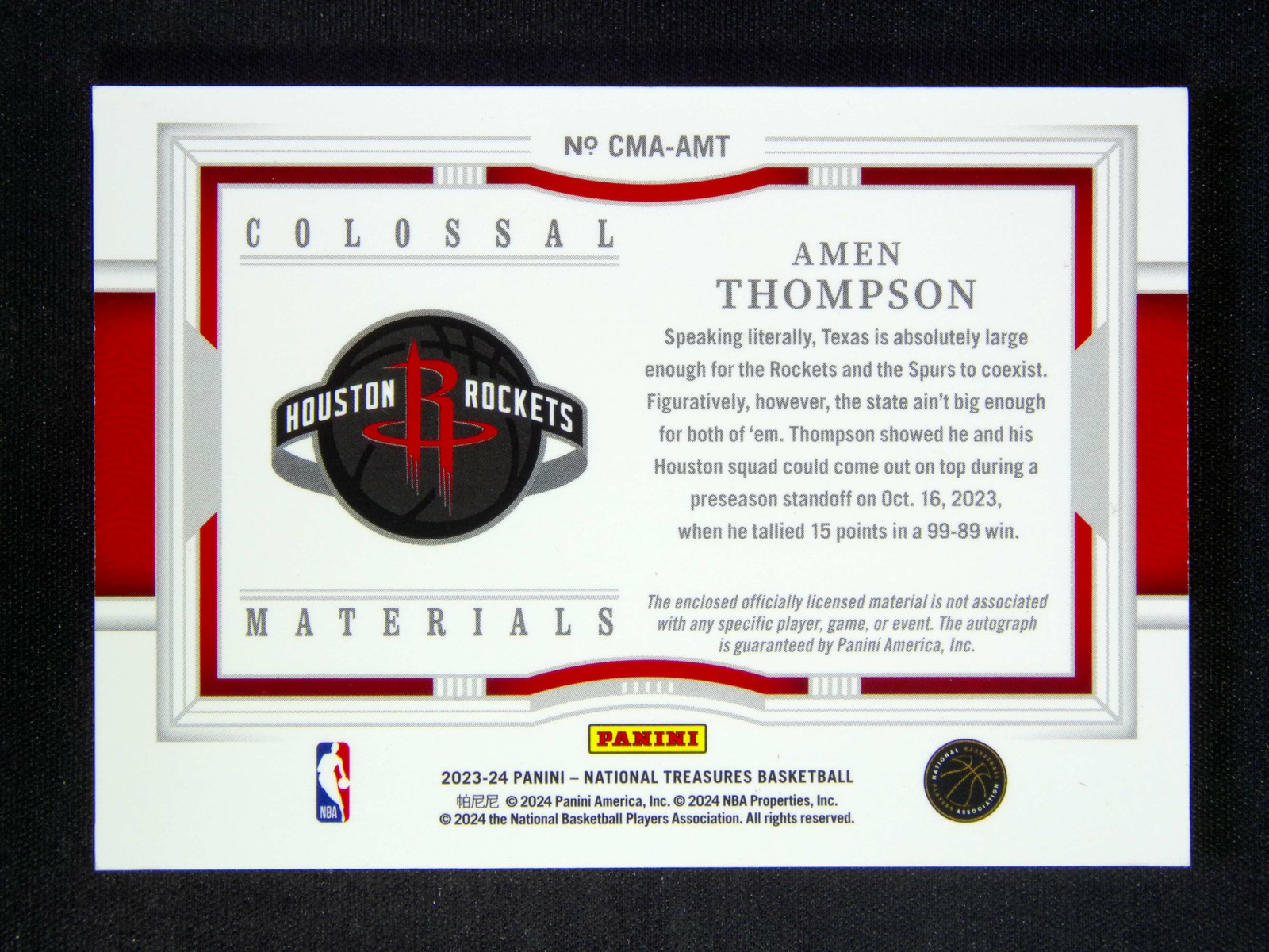 2023-24 National Treasures Amen Thompson RC Colossal Patch Auto RPA Gold /10 view 2
