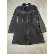 Zara Black Denim Mini Dress Rhinestone Fringe Western Cowgirl Button Front M