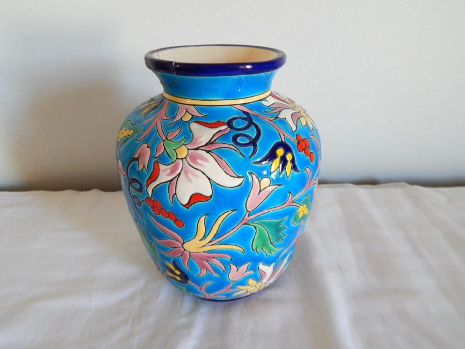 ANCIEN VASE en Faïence de LONGWY émaux Sur FOND BLEU Décor FLORAL - Photo 3/4