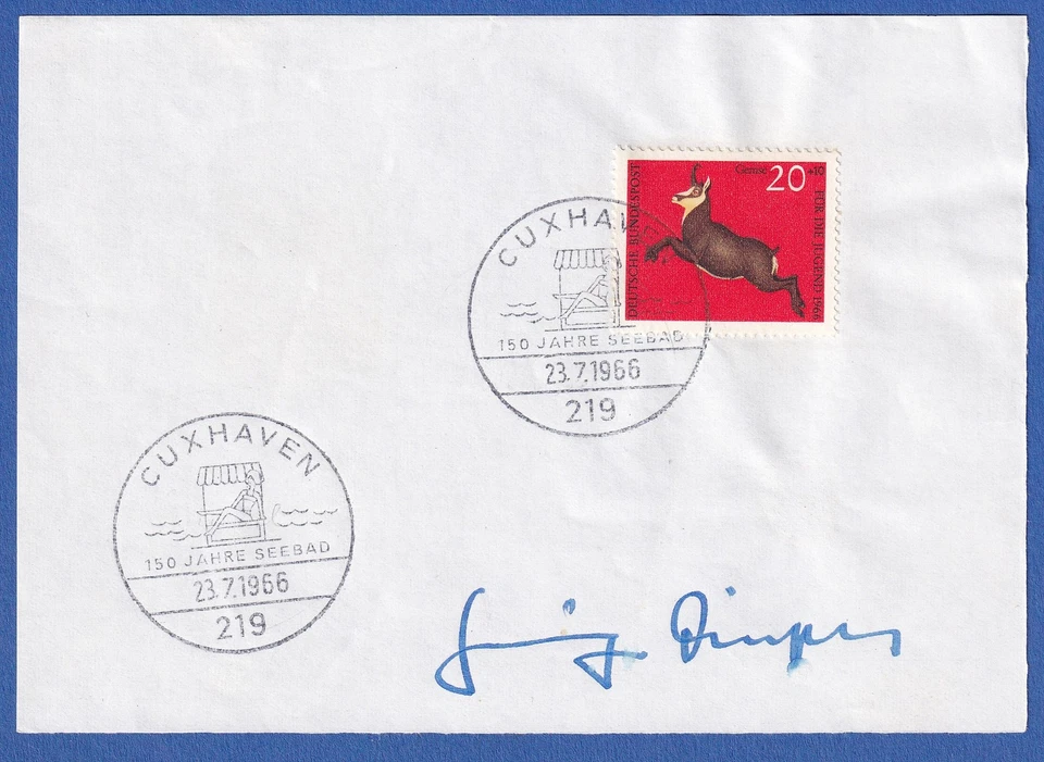 Heinz Diestel original-Autogramm auf Vorlage mit Briefmarke, 1966 - Bild 1 von 1