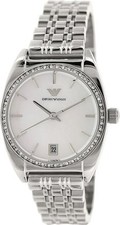 EMPORIO ARMANI SILVER TONE,S/STEEL,CRYSTAL BEZEL,MOTHER OF PEARL WATCH AR0379