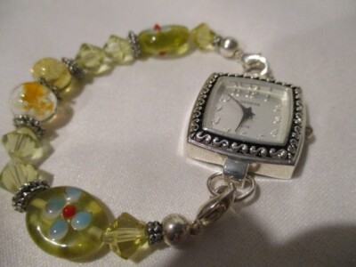 GENEVA ELITE #075 Silvertone Face Watch w/Floral Yellow Bracelet NEW/New Battery