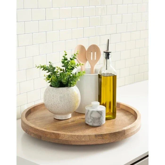 Handcrafted Round Wooden Serving Tray - 11x11 inches with Handles - Image 3 of 4