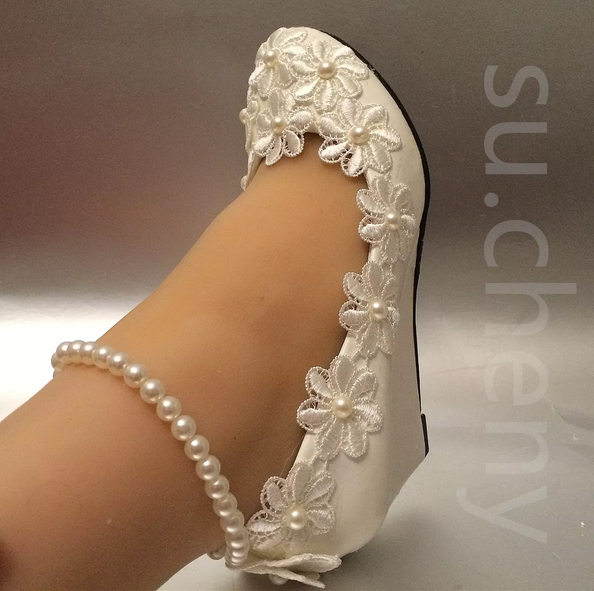 su.cheny White light ivory snow wedges pearls anklet lace Wedding