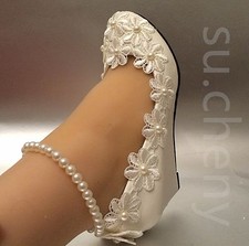 su.cheny White light ivory snow wedges pearls anklet lace Wedding Bridal shoes