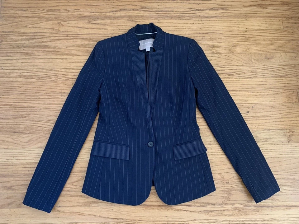 $178 Banana Republic Women sz 0 Long& Lean Inverted Collar navy pinstrip Blazer - Image 4 of 4
