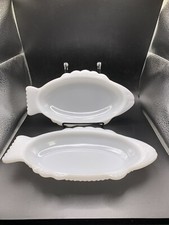 Fish Plates (2) VTG Glasbake Fish White Made in USA Approx. 9.25" x 5"