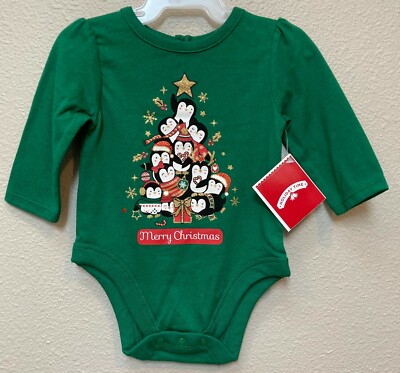 NWT Baby Girl's Size 0-3 M Christmas Bodysuit Green Penguin Tree Long Sleeve