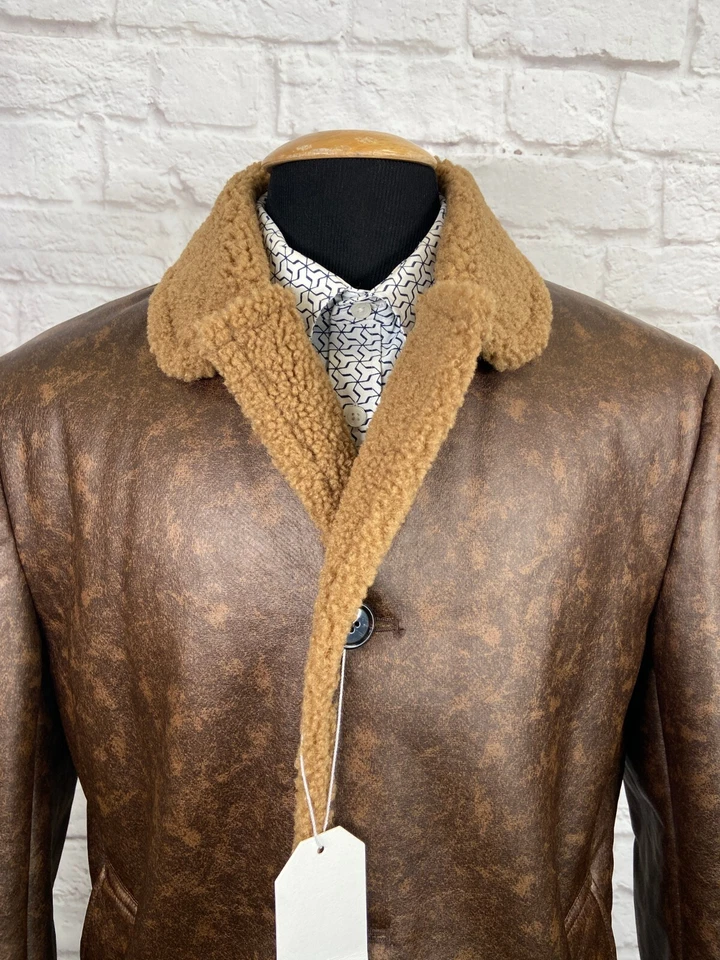 全新 BEN SHERMAN 男式棕色皮革 SHERPA 纽扣正面上衣外套 尺码 38R — 第 2/4 张图片