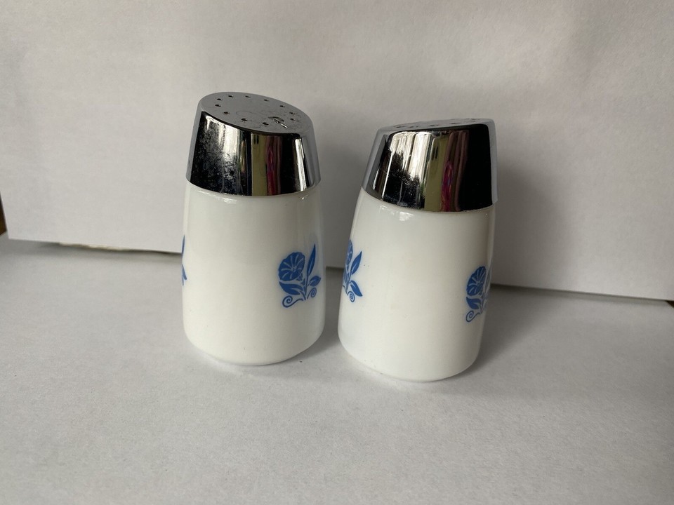 Vintage Dispensers Inc Salt & Pepper Shakers Blue Flower 3" Milk Glass