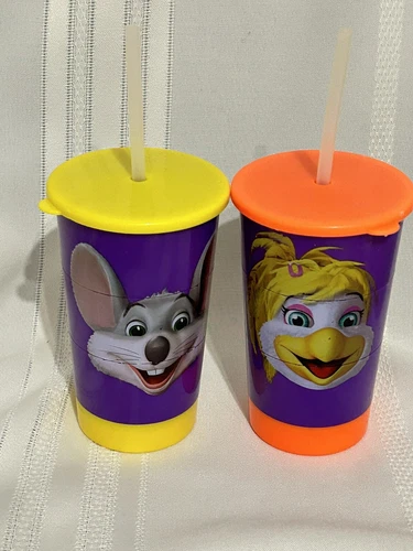 Lot Of 2 Chuck E Cheese Kids Puzzle Face Change Tumblers Cups With Lids 2017