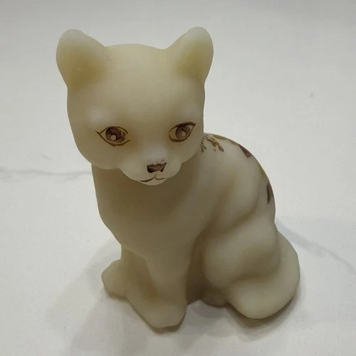 Fenton Hand Painted Glass Cat Figurine Floral Matte Signed by Fleming