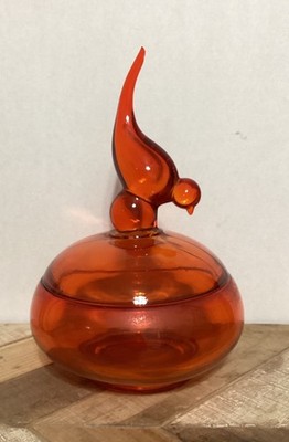 Vintage Viking Epic Glass Orange Long Tail Bird Covered Bowl, Has A Chip On Tail