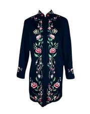 Victor Costa Occasion Long Jacket Women's M Floral Embroidered Mandarin Boho Blk
