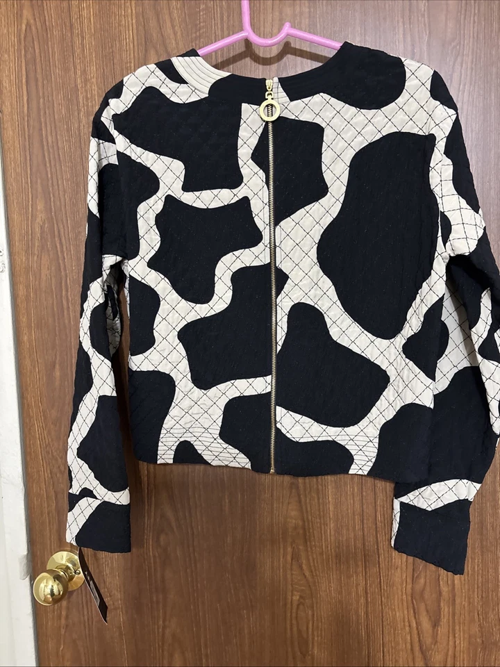 Top DKNY Mezcla Seda Estampado Geométrico Negro/Crema Espalda Cremallera Original $295 Foto 3 de 4