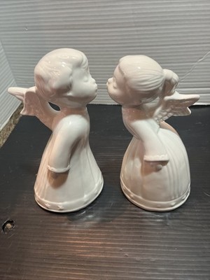 Vintage Glossy Ceramic Kissing Angels Christmas Decor Figurines Boy Girls Gift