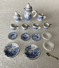 Dollhouse Miniature Blue and White Porcelain Tea Set Floral Print Ceramic Pieces