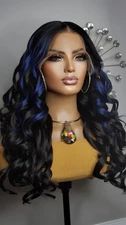 New Long Curl Style Lace Front Wig Black Blue Highlights Fashion Hair Womens Wig