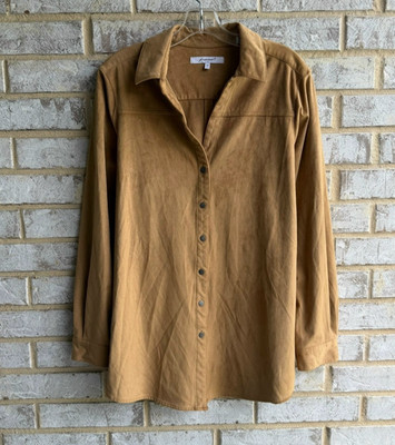 Foxcroft NYC Faux Suede Long Sleeve V-Neck Collared Button Up Shirt Size 14