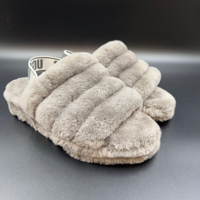 UGG Fluff Yeah Slide Slippers Gray Lamb Fur Sheepskin Women US 8 EU 39