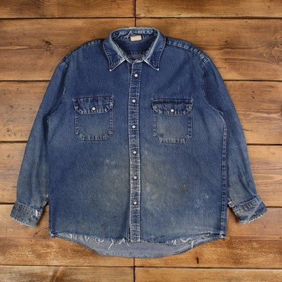 Red Kap Denim Button Shirt L Herren Baumwolle Work Thrashed Workwear Snap