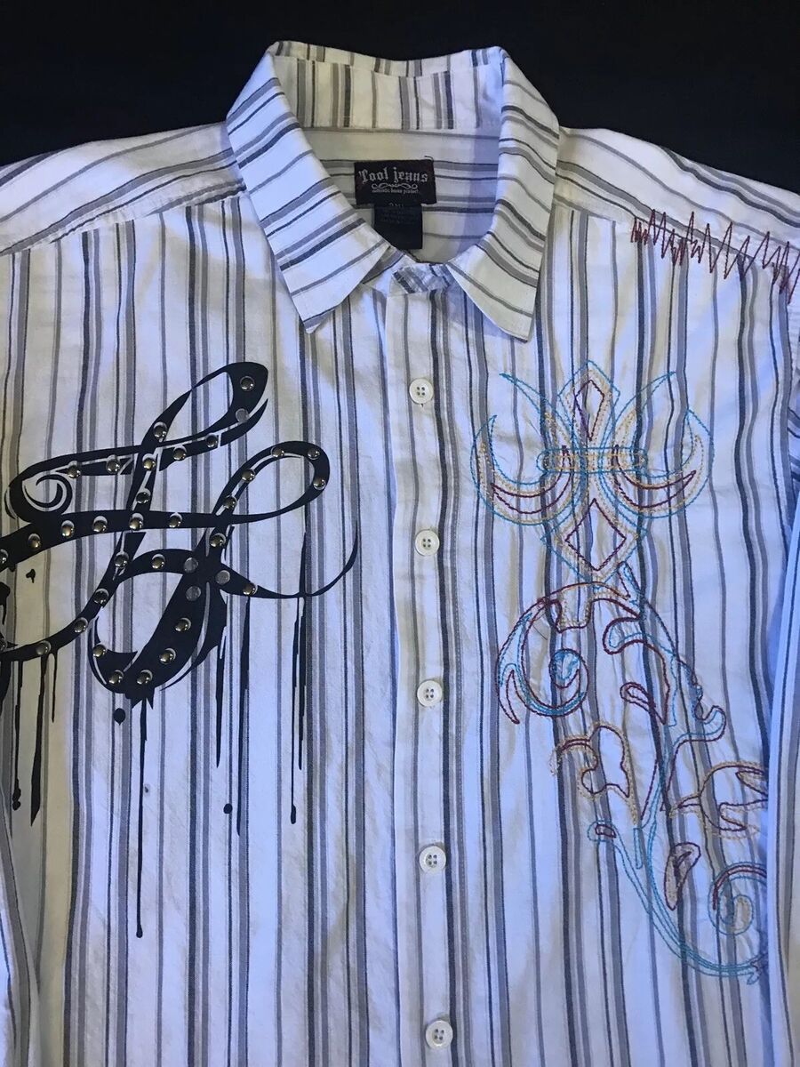 Tool Jean Shirt/Button Up Men Sz.3X-Cotton-Stripe-Blur/Wht- Fleur De  Lis-LSleeve