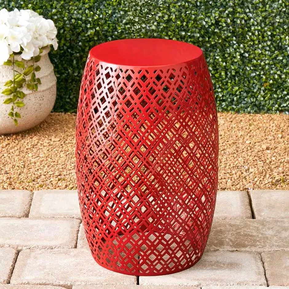 Metal Red Lattice Barrel Stool Table Seat Indoor Outdoor Patio Porch Deck Decor - Image 2 of 4
