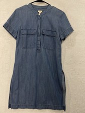 J Crew Chambray Shift Dress Women 6 Blue Short Sleeve Pockets Cotton Side Slits