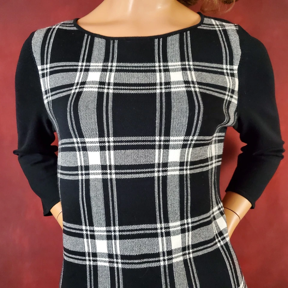 Vestido Vaina Tejido Manga 3/4 Chaps Wear to Work L Elástico Blanco y Negro Cuadros Foto 3 de 4