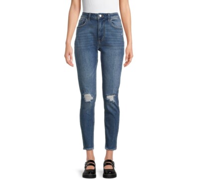 No Boundaries Juniors High Rise Mom Jeans, 27.5'' Inseam Size 11 Medium Wash 