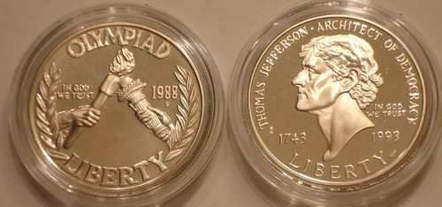 1988 OLYMPIC & 1993 JEFFERSON COMMEMORATIVE Silver Dollars GEM PROOF