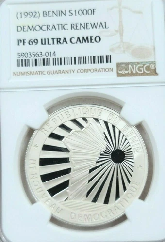 1992 BENIN SILVER 1000 FRANCS DEMOCRATIC RENEWAL NGC PF 69 ULTRA CAMEO TOP POP 1
