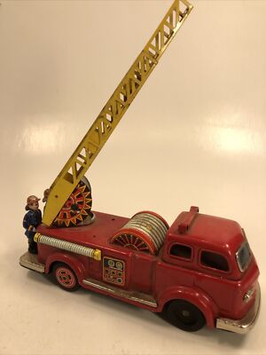 Vintage Tin Friction Fire Truck Japan KO bell Rings    