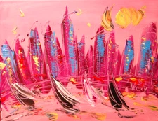 PINK CITYSCAPE   Modern Abstract   Original Oil Painting  IMPRESSIONIST