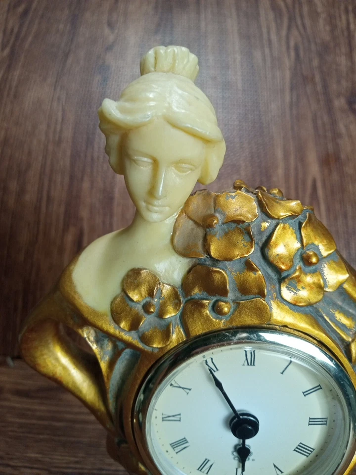 Hollywood Regency Style Gold Floral Art Nouveau MCM Woman Mantle Clock 12" Vtg - Image 3 of 4
