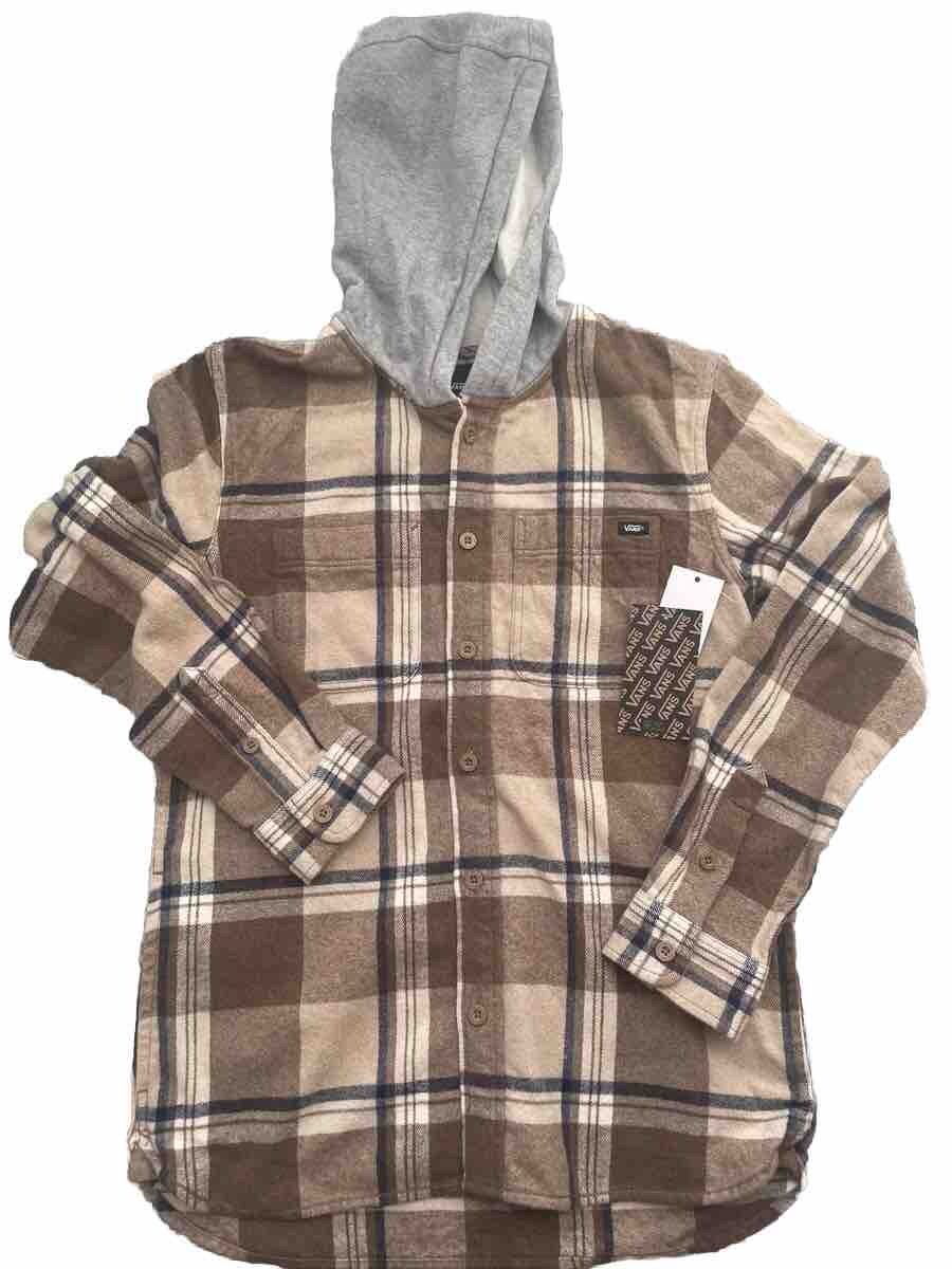 Vans Boys Large Flannel Beige Plaid Hoodie Hoody Long Sleeves
