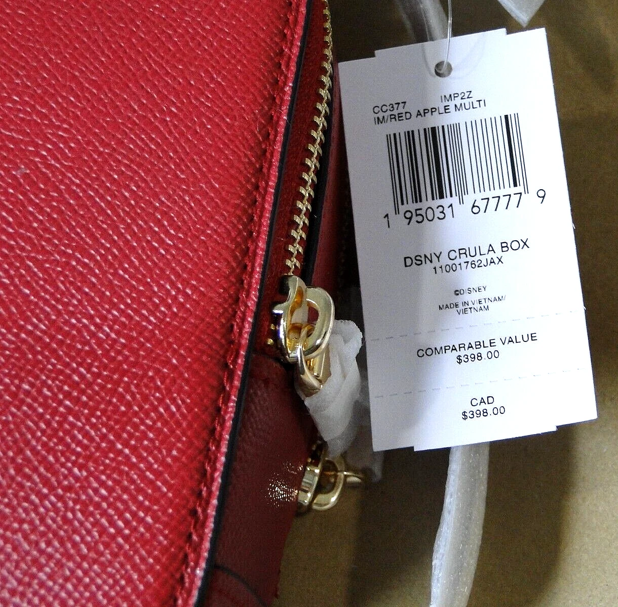 Coach CC377 Disney X Coach nuovo con etichetta scatola tracolla con motivo crudelia rosso mela multi