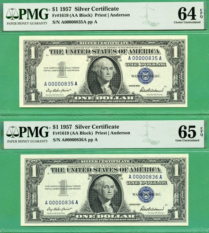 TWO CONSECUTIVE LOW 3 DIGIT SERIALS - 1957 $1 SC - PMG CU 64 EPQ & GEM 65 EPQ
