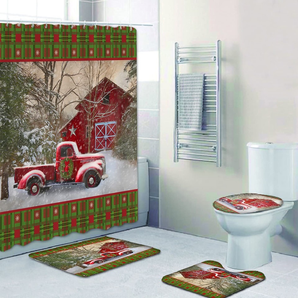 Christmas Shower Curtain Set with Bath Mat Red House&Truck eBay