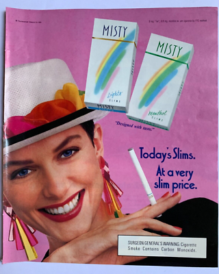 Print Ad Misty Lights Menthols Slims Cigarettes Pink Background Pretty Lady