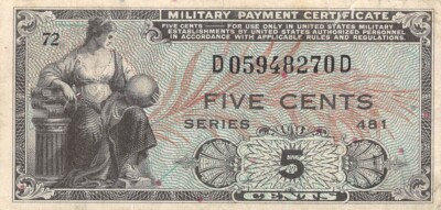 USA / MPC 5 Cents 1948 Series 481 Plate # 72 Circulated Banknote