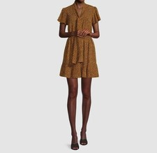 $185 Michael Kors Womens Yellow Cheetah Self-Tie Neck Savannah Mini Dress Size S