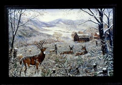 Ray Mertes ''First Snow'' Deer Buck Farm Print-Framed 33.5'' x 23.5''