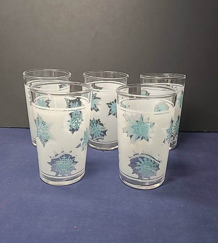 Set 5 Federal Glass Atomic Blue Snowflake Juice Glasses  3 1/2"  Frosted MCM