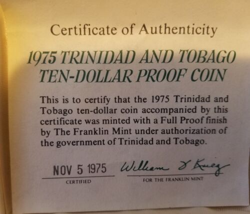 Trinidad & Tobago 1975 Silberproof 10 $ Münze - COA Zertifikat & Etui - Bild 2 von 2