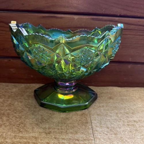 Vintage Green Ruffled Iridescent Carnival Bowl