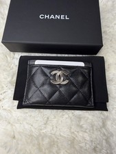 CHANEL Black Quilted Caviar Leather Card Holder Silver CC